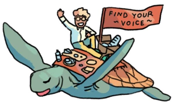 A person sits at a desk with papers and a microphone on the back of a large sea turtle, holding a flag that says 