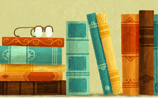 A row of colorful books stands upright and stacked on a shelf, with a pair of round eyeglasses resting on top of the horizontal books.