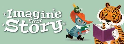 A cartoon cat with a hat carries books, a bird on its head, and a tiger reads a book next to the text "Imagine Your Story" on a green background.