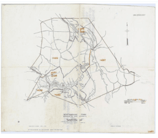 Black and white map of Northbridge Town with roads, rivers, and numbered sections marked in orange, oriented with north at the top.