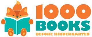 Illustration of an orange fox reading a teal book next to the text “1000 Books Before Kindergarten” in orange and teal bold letters.