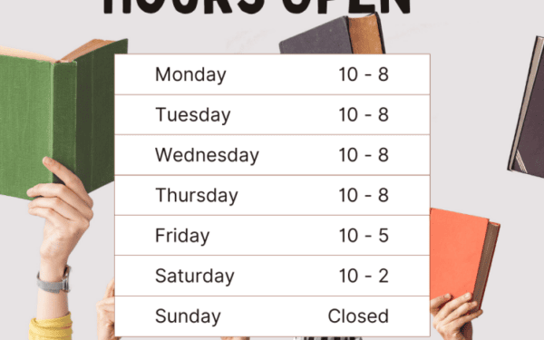Table listing business hours: Monday to Thursday 10-8, Friday 10-5, Saturday 10-2, Sunday closed. Four hands holding books surround the table.