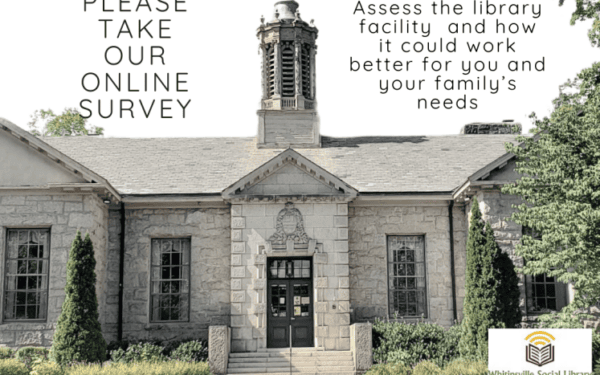 Front view of a stone library building with text inviting people to take an online survey to assess and improve library facilities for families' needs.