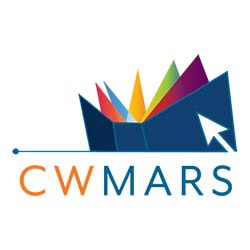 Logo featuring an open blue book with colorful pages and a cursor arrow, above the text "CW MARS" in orange and blue letters.