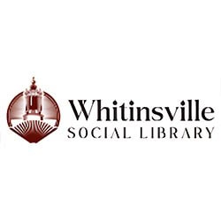 Logo for Whitinsville Social Library featuring a maroon circular emblem with a building and the library's name in black text.