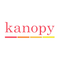 The Kanopy logo features the word "kanopy" in red lowercase letters above four horizontal bars in red, orange, yellow-orange, and yellow on a white background.