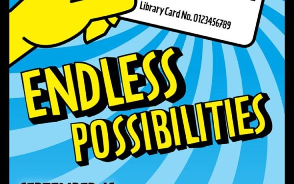 A hand holding a library card appears above the bold yellow text 