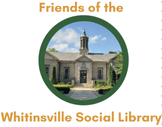 Exterior view of the Whitinsville Social Library building framed by the text “Friends of the Whitinsville Social Library.”.