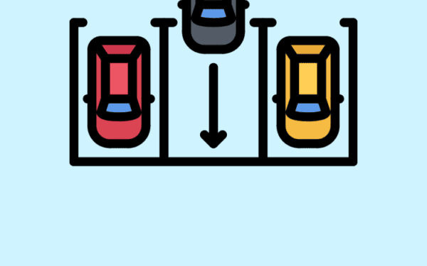 Illustration of a black car reversing into a parking space between a red car on the left and a yellow car on the right, shown from a top-down view.