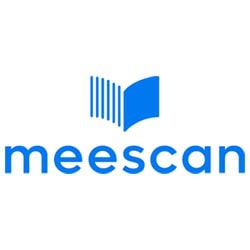 Meescan logo with blue text and an abstract blue graphic resembling an open book above the company name.