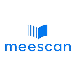 Meescan logo with blue stylized open book above the company name in lowercase blue letters on a light gray background.