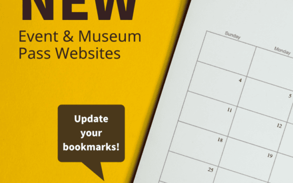 A partial calendar next to text announcing new event and museum pass websites, with a speech bubble saying 