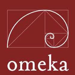 The Omeka logo features a white Fibonacci spiral over a maroon background with the word 