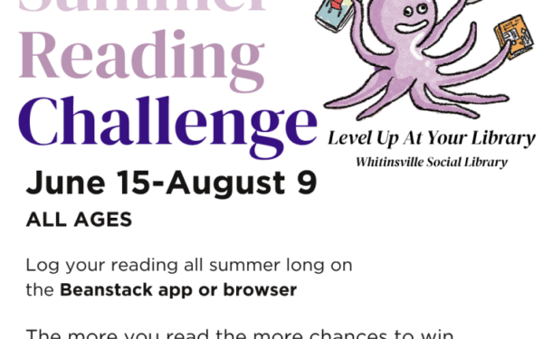 Flyer for the Summer Reading Challenge at Whitinsville Social Library, June 15–August 9, featuring an illustrated octopus holding books.