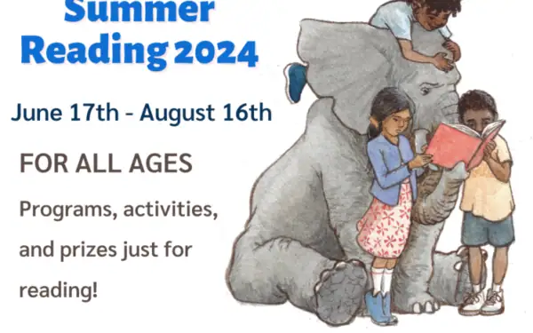 Illustration of an elephant reading a book with three children, alongside text promoting a Summer Reading 2024 program for all ages, running from June 17th to August 16th.