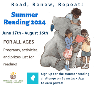 Three children sit and stand on a large gray elephant while reading books. Text promotes the 2024 Summer Reading program at Whitinsville Social Library, June 17–August 16, for all ages.