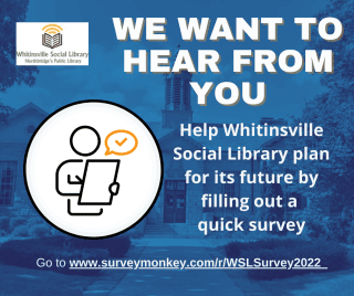 Whitinsville Social Library survey invitation with icon of a person holding a clipboard and library building in the background.