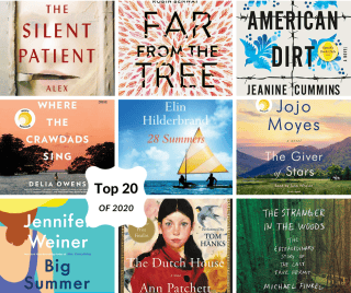 A collage of nine book covers labeled "Top 20 of 2020," featuring titles like "The Silent Patient," "Big Summer," and "The Dutch House.