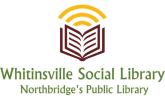 Logo for Whitinsville Social Library, Northbridge's public library, featuring an open book with radiating yellow lines above it.